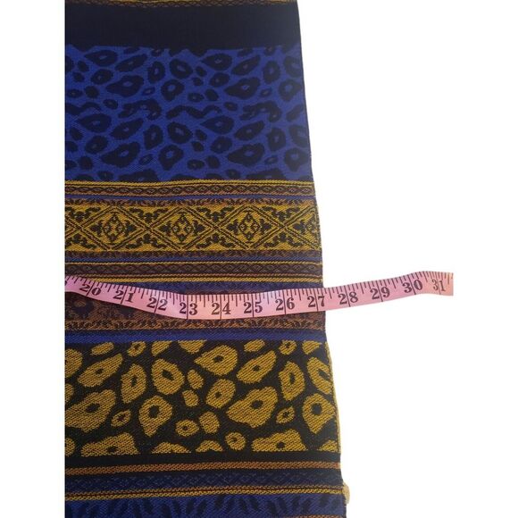 Womens Wool Scarf 64" x 27" Yellow Purple Navy Animal 1/2" Fringe Made in C.E.E. - Picture 7 of 13